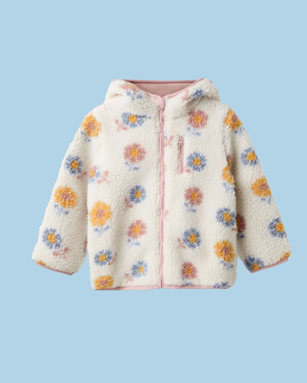 Cream Big Flower Hooded Fleece Jacket